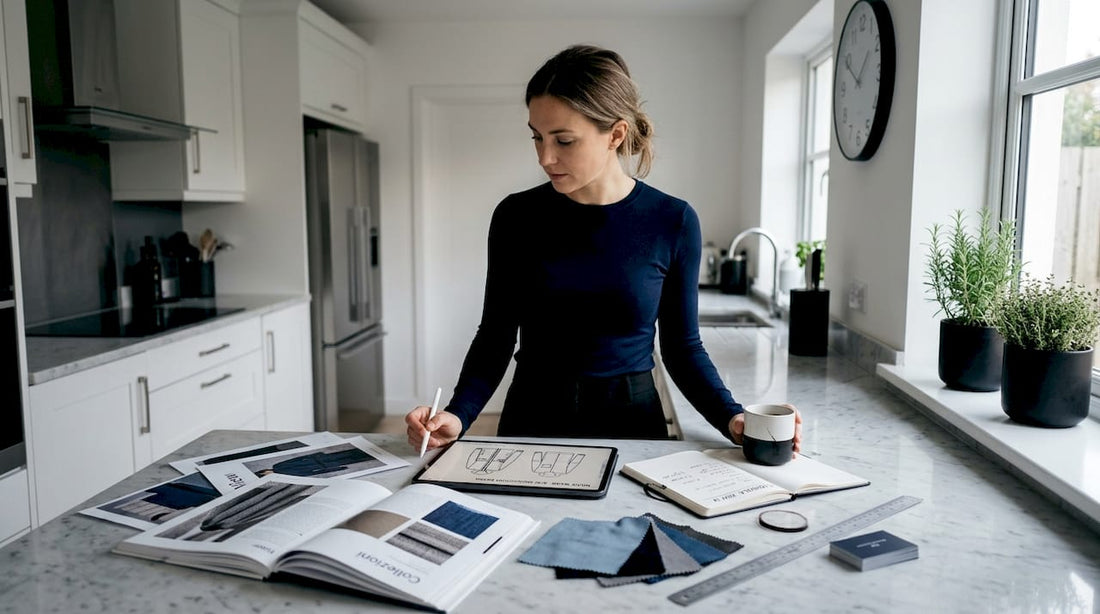 Fashion stylist planning shapewear outfits at home