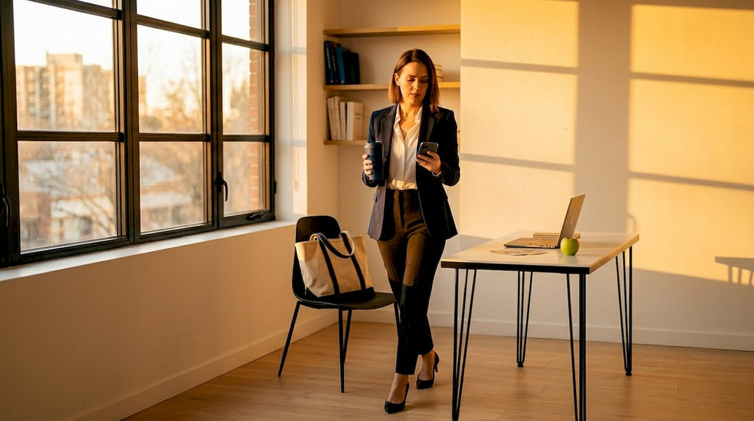 Woman on busy morning in professional outfit