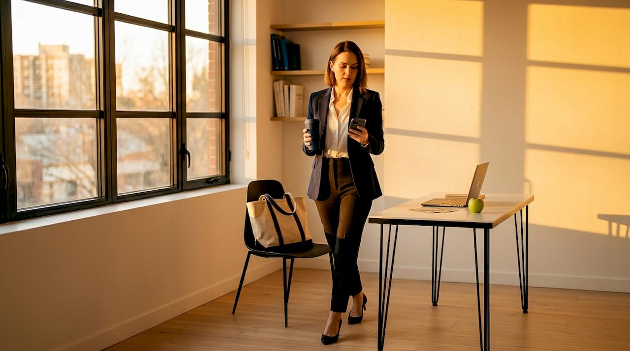 Woman on busy morning in professional outfit