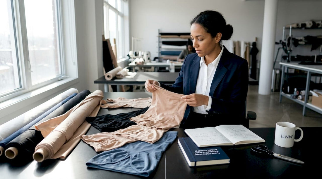 Technician inspecting shapewear fabrics on studio table