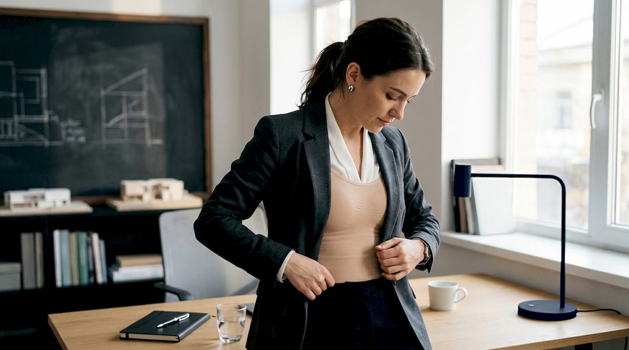 Woman adjusting skin tone shapewear near mirror