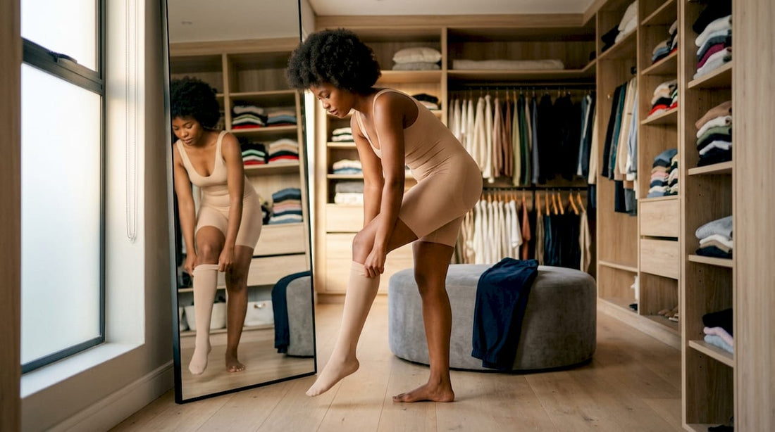 Woman putting on full-body shapewear in bedroom