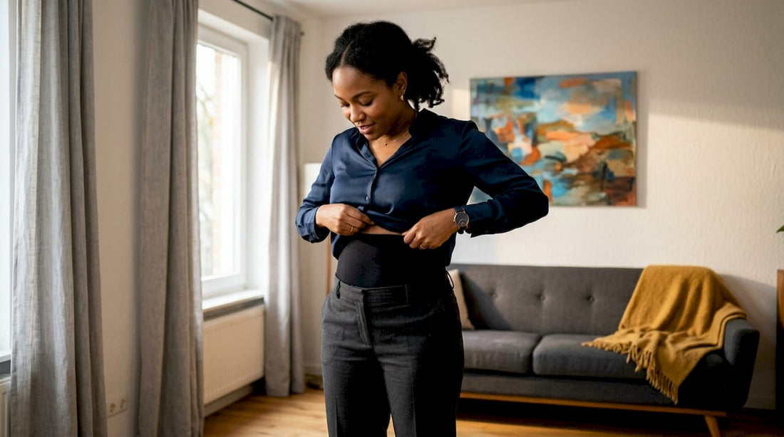 Woman adjusting high-waist shapewear under dress