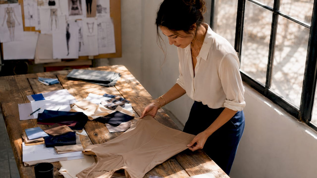 Designer inspecting flat seam shapewear fabric