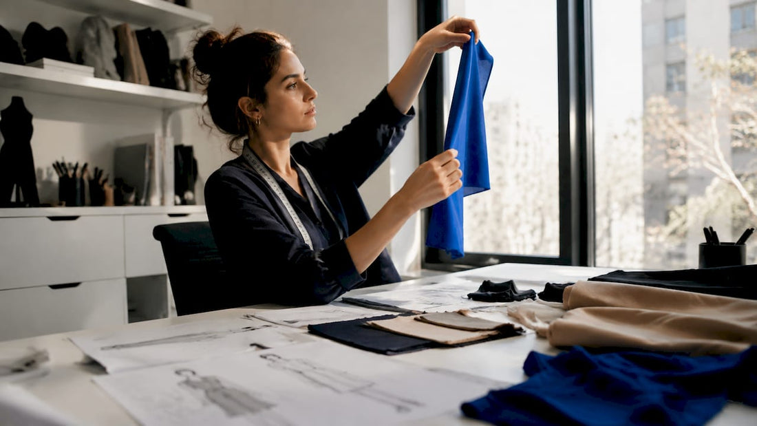 Designer examining shapewear fabric in studio
