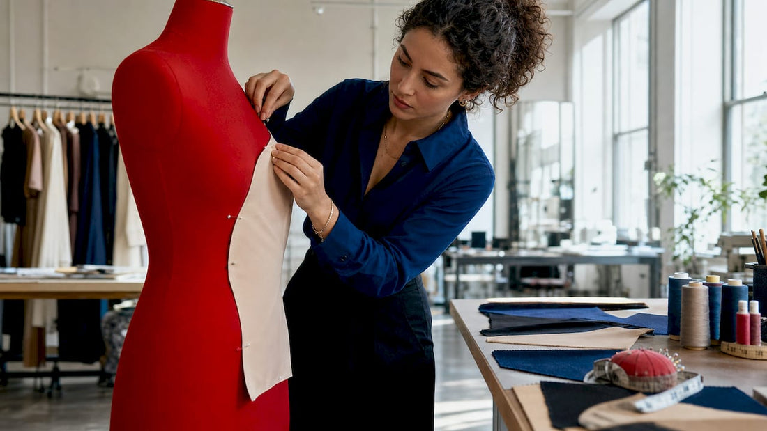Designer pinning shapewear compression panel on mannequin