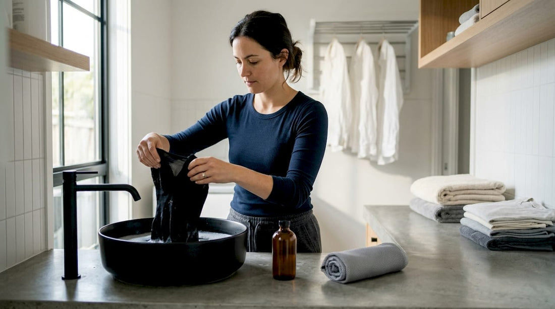 Woman hand washing shapewear in laundry basin