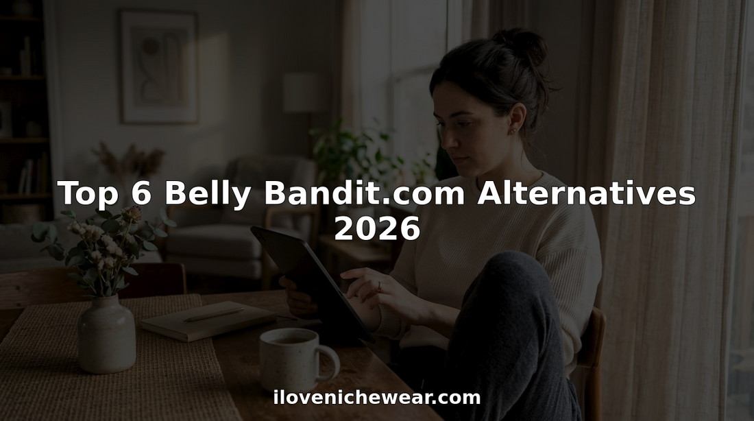Woman browsing postpartum support garments on tablet at home