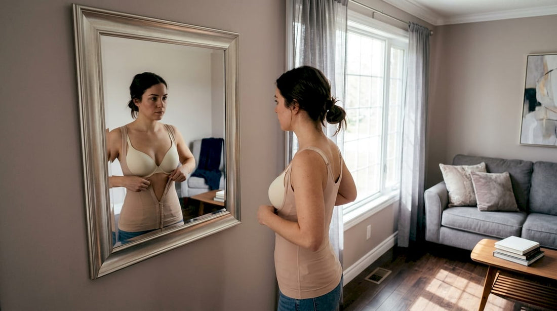 Woman wearing open-bust shapewear in bedroom