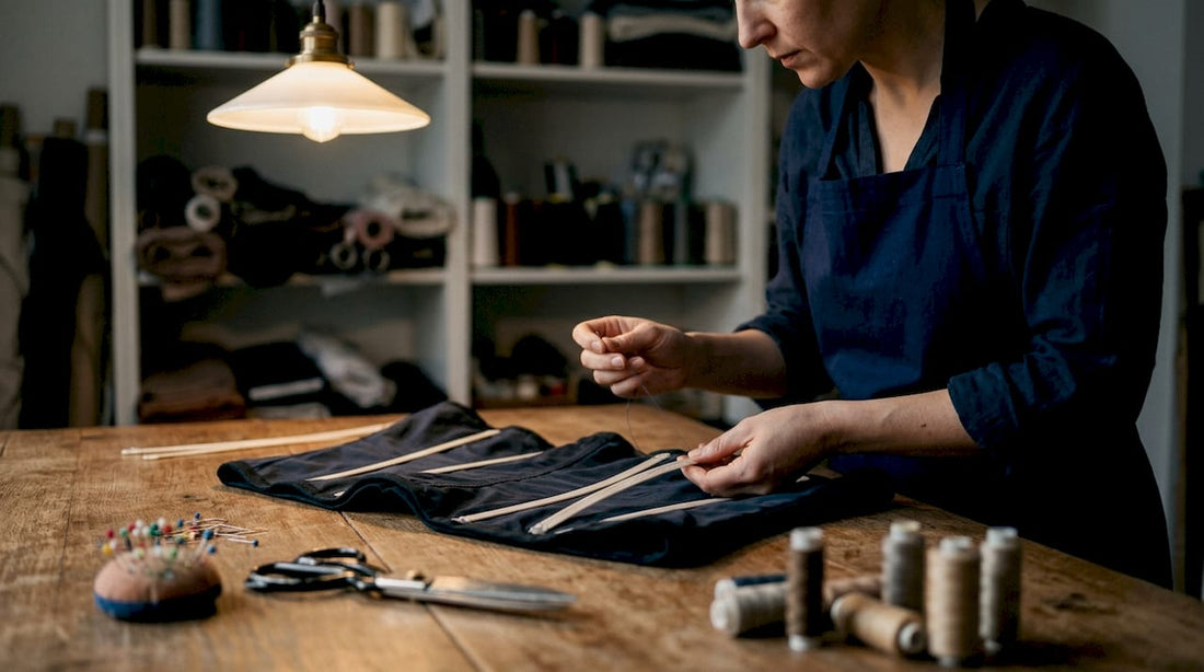 Seamstress adding boning to shapewear corset