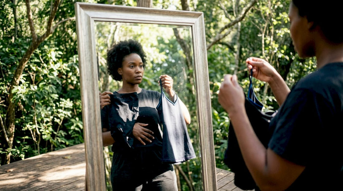 Woman comparing shapewear garments in boutique mirror