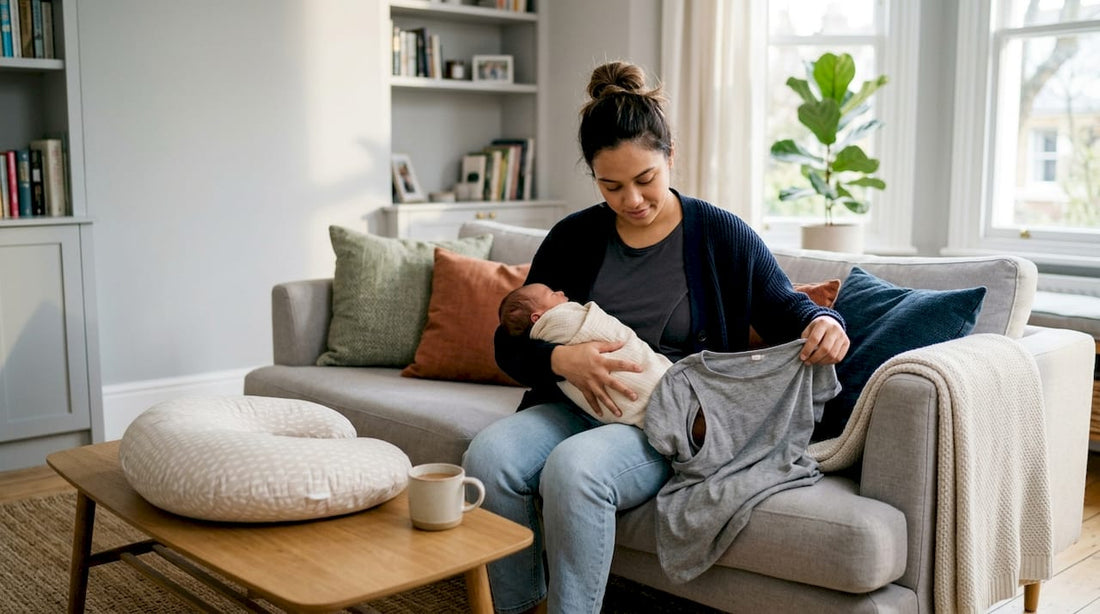 Mother examining nursing clothing while holding newborn
