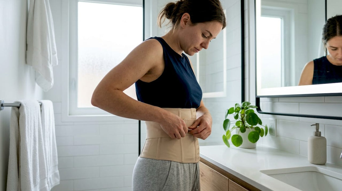 Woman adjusting waist cincher in home mirror