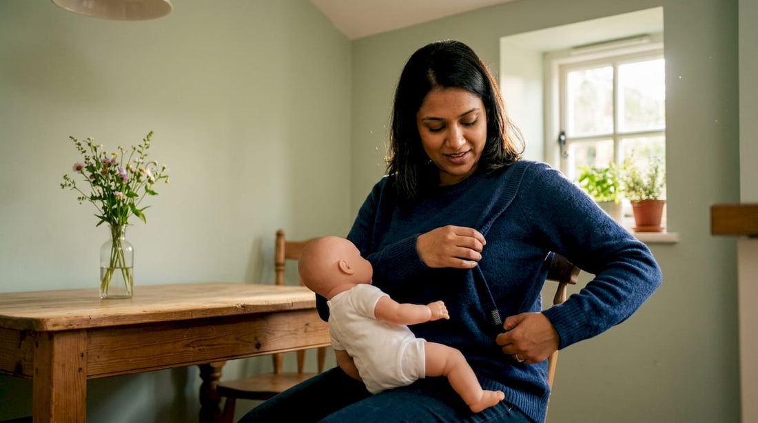 New mother adjusting adaptive nursing sweater