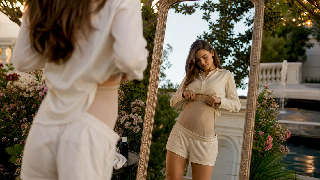 Woman adjusting shapewear in bedroom mirror