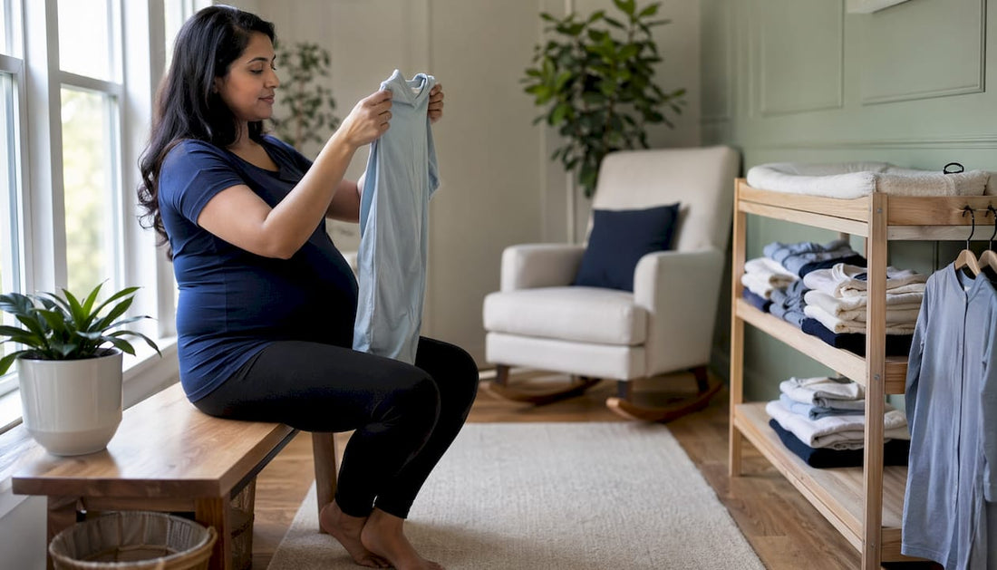 Pregnant woman packing nursing outfits on bed