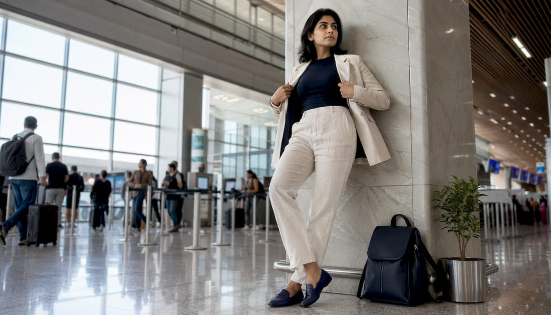 Woman dressed in smart casual airport outfit adjusting blazer