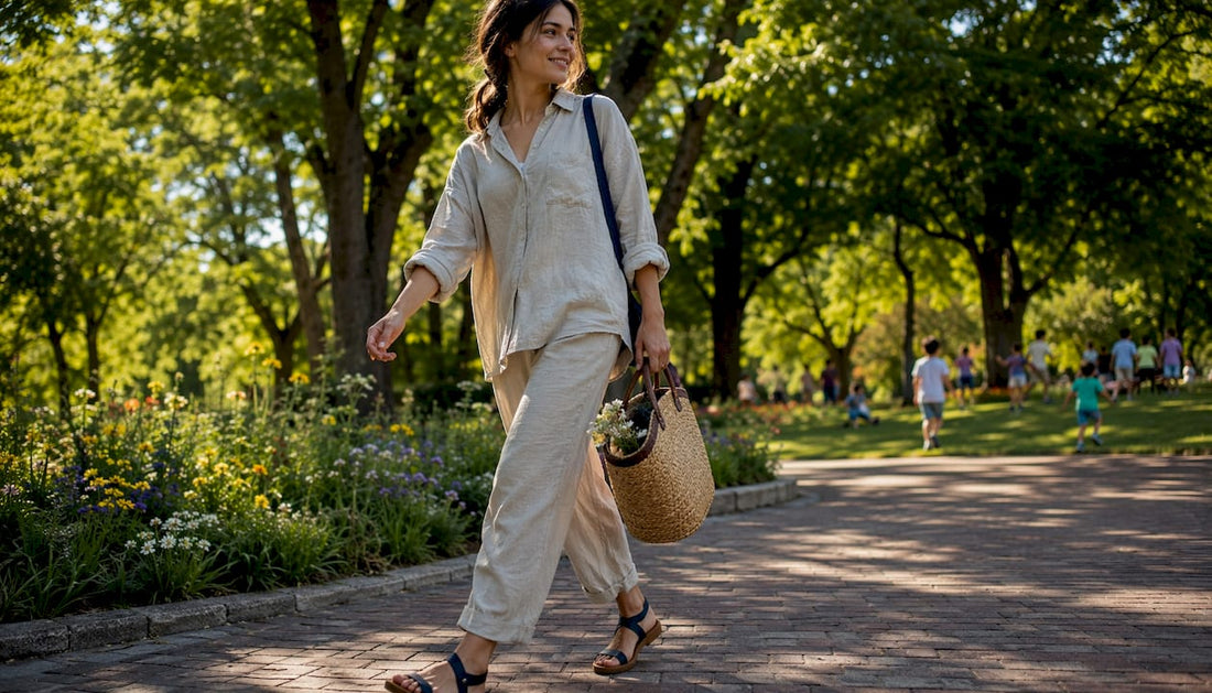 Woman in hemp clothing on city street