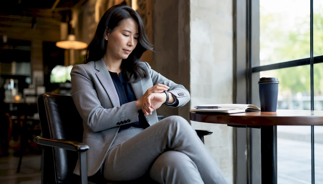 Woman adjusting stretch suit sleeve in lounge