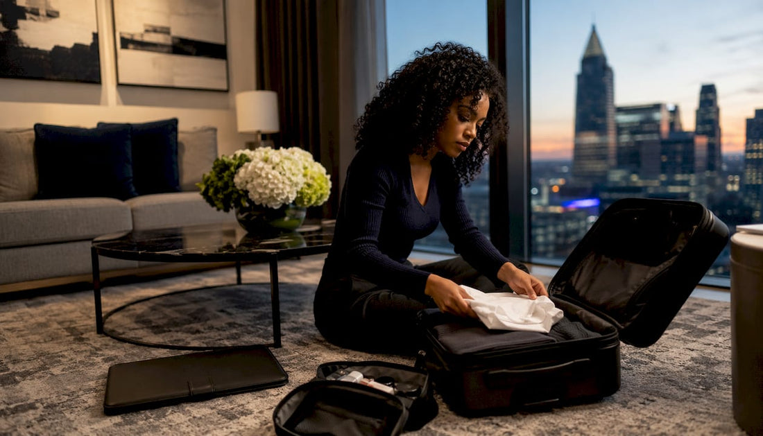 Woman packing carry-on suitcase in hotel room