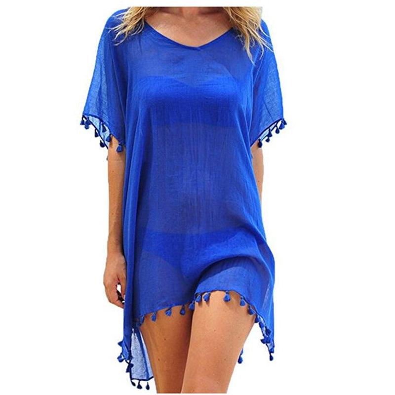 Boho Fringed Beach Blouse with Cute Pom Pom Detail