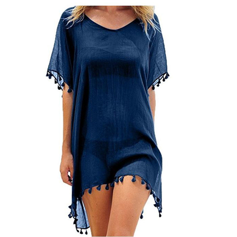 Boho Fringed Beach Blouse with Cute Pom Pom Detail