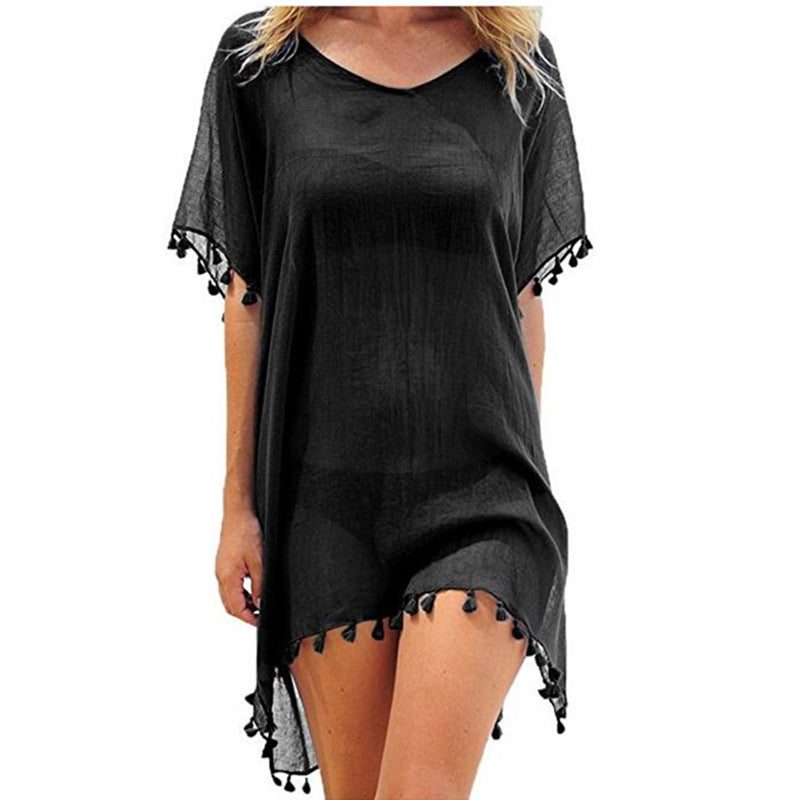 Boho Fringed Beach Blouse with Cute Pom Pom Detail