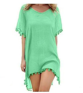 Boho Fringed Beach Blouse with Cute Pom Pom Detail