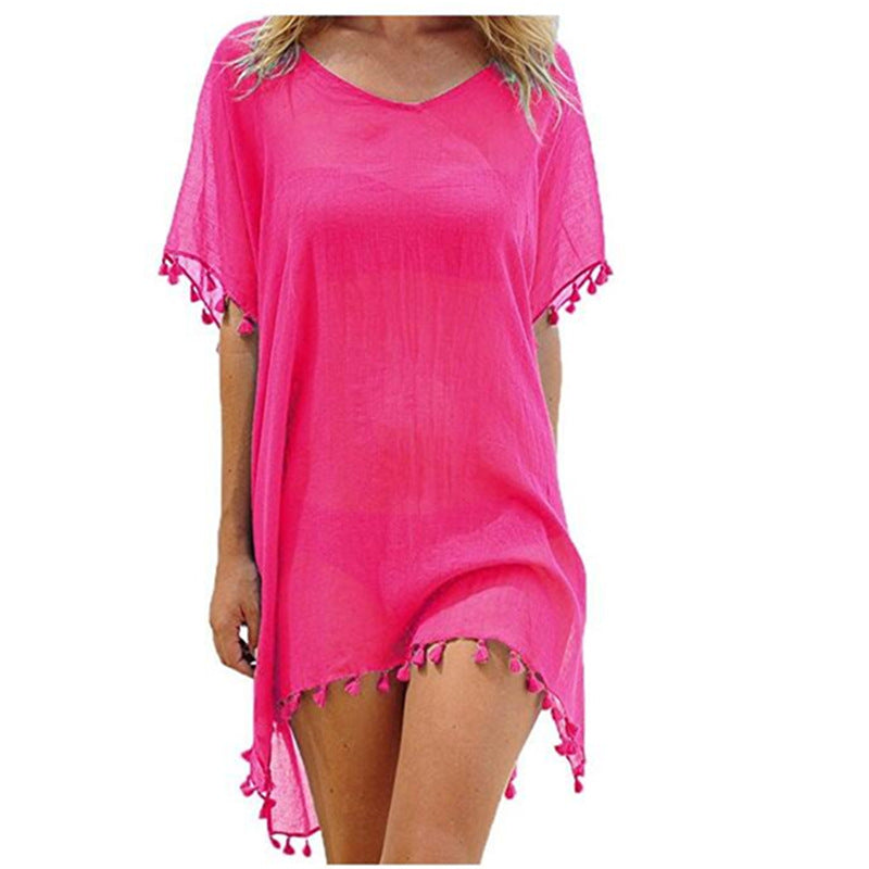 Boho Fringed Beach Blouse with Cute Pom Pom Detail