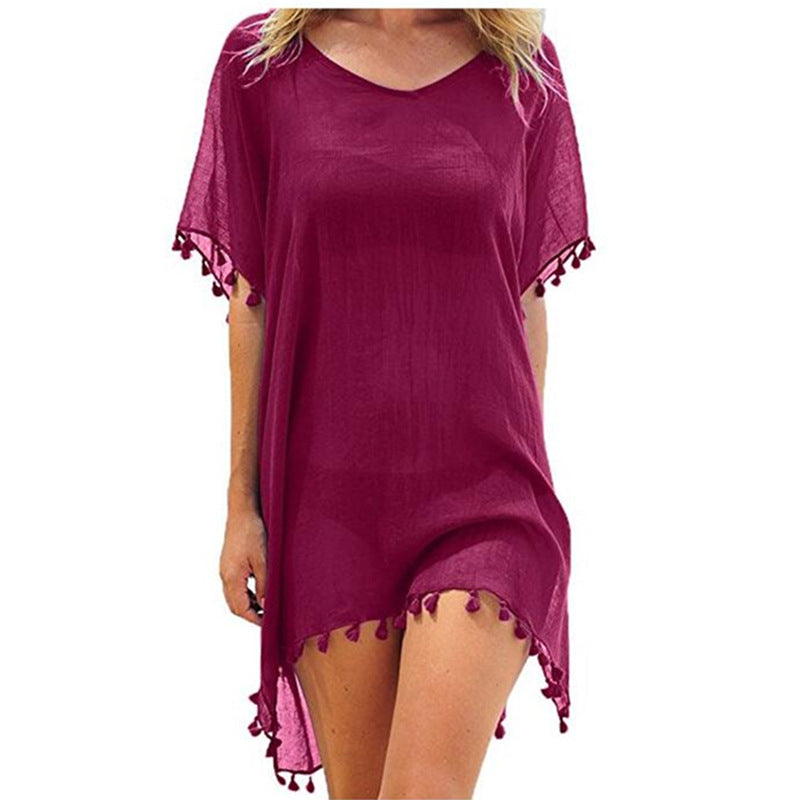 Boho Fringed Beach Blouse with Cute Pom Pom Detail