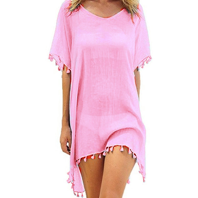 Boho Fringed Beach Blouse with Cute Pom Pom Detail