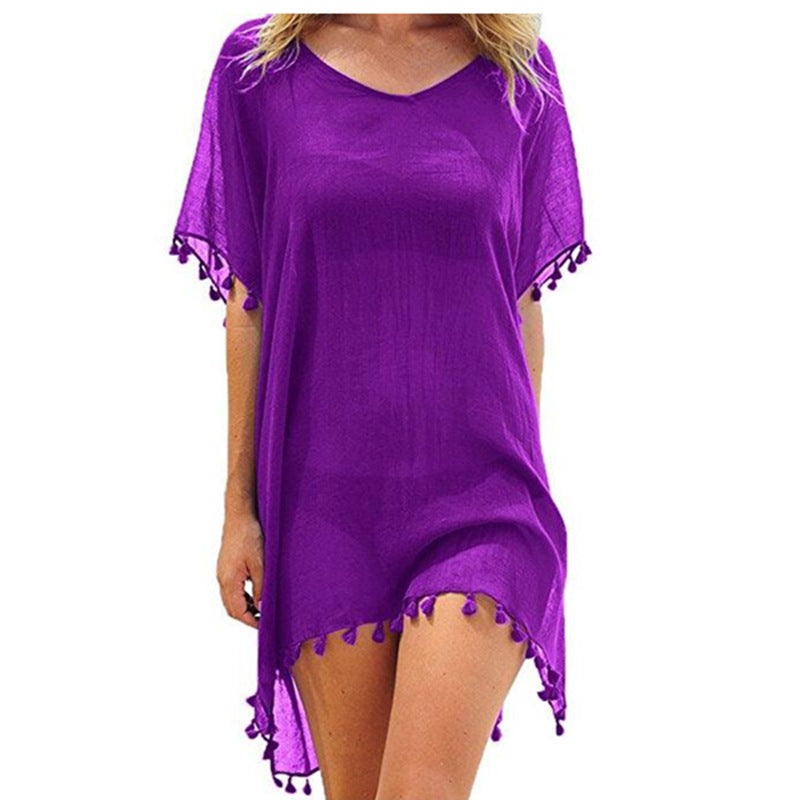 Boho Fringed Beach Blouse with Cute Pom Pom Detail