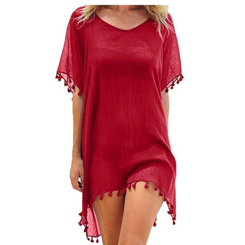 Boho Fringed Beach Blouse with Cute Pom Pom Detail