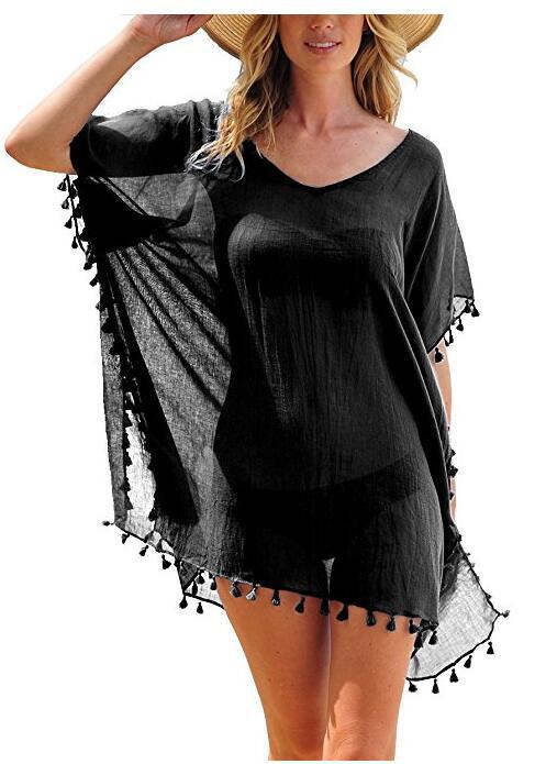 Boho Fringed Beach Blouse with Cute Pom Pom Detail