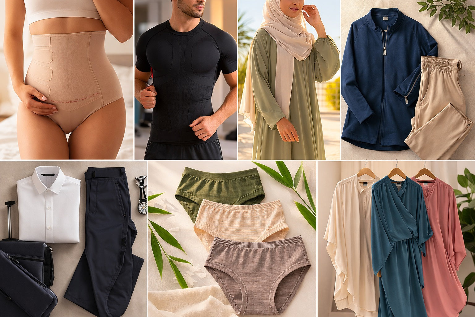 Collage of various clothing items including pants, shirts, and a jacket.