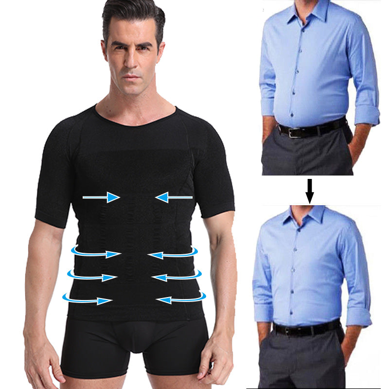 Man wearing a black compression shirt with highlighted areas, next to a comparison of a blue shirt and pants.