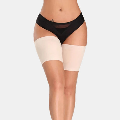 Female model wearing nude color anti-chafe thigh straps